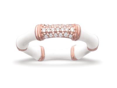 Anillo Bambou Con Esmalte Blanco Y Circonitas, 4mm, Plata 925, Tamaño56
