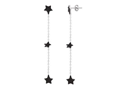 Pendientes 3 Estrellas xidos De Circonio Negro Sobre Cadena, Altura 7 Cm, Plata 925 Rh