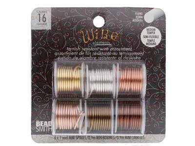 Wire Elements, 16 Gauge, Pk 6 Assorted Colours, Tarnish Resistant, Med Temper, 1yd0.91m