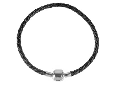Pulsera De Cuero Trenzado Negro Para Cuentas, 3,60 mm, Cierre De Plata925, 19cm - Imagen Estandar - 1