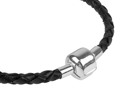 Pulsera De Cuero Trenzado Negro Para Cuentas, 3,60 mm, Cierre De Plata925, 19cm - Imagen Estandar - 3