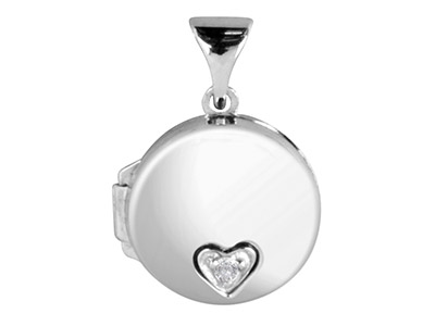 Medalln Redondo De Plata De Ley Con Diamantes En Forma De Corazn.