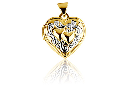 Medalln De Plata De Ley Con Forma De Corazn Amarillo Rodio De 15 MM Con Corazones Y Lazos