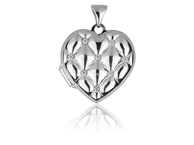 St Sil Heart Quilted Effect Locket Set With Cz