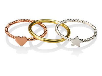 Anillo De 3 Anillos, Patrones De Corazón Y Estrella, Plata 925 3 Colores, Tamaño 54 - Imagen Estandar - 2