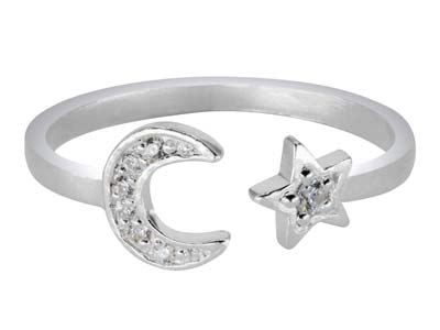 Anillo Ajustable, Motivos De Estrella Y Luna Con Circonitas, Plata 925
