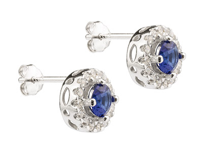 St Sil Round Halo Stud E/rings With Blue & White Cz - Imagen Estandar - 2