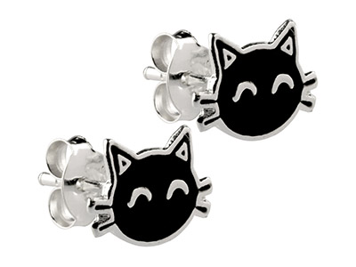 Pendientes De Corchete En Forma De Gato Hechos Con Plata De Ley Con Esmalte - Imagen Estandar - 2