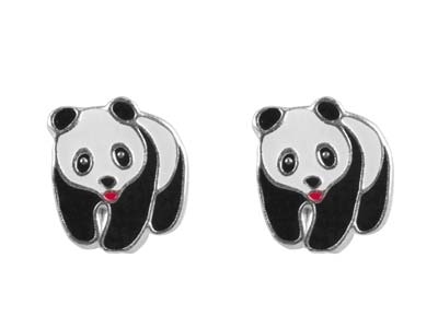 Pendientes De Corchete Con Diseño De Panda Esmaltado En Plata De Ley - Imagen Estandar - 1