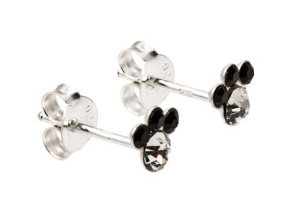 Pendientes De Corchete De Plata De Ley Con Diseño De Pata De Cachorro Y Cristal Blanco Y Negro - Imagen Estandar - 2